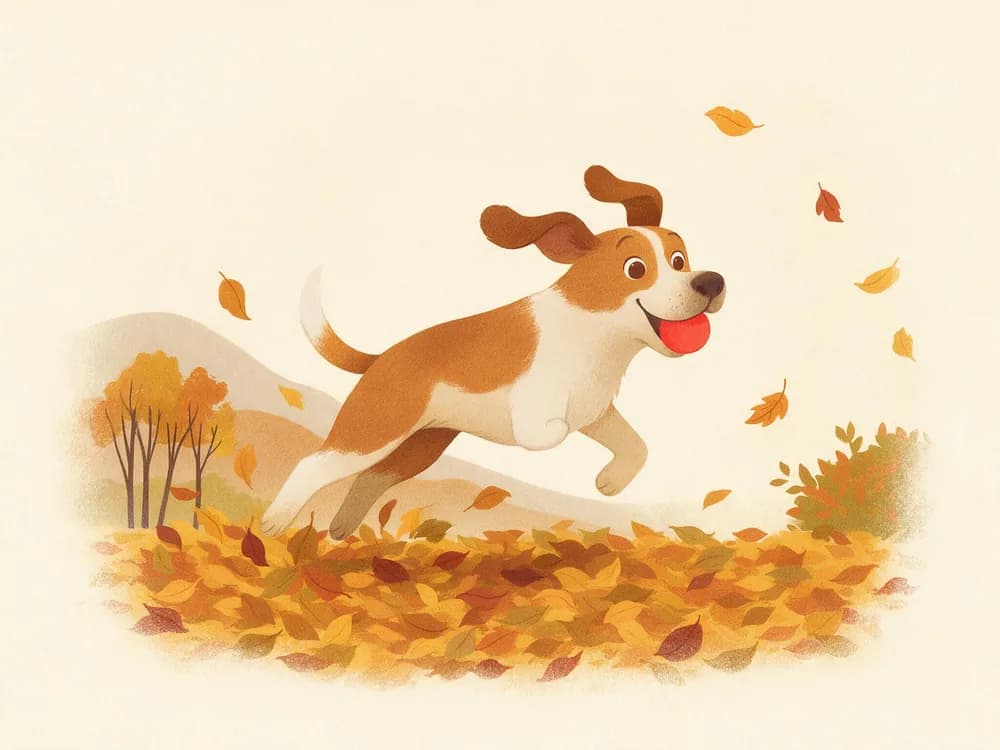 A happy three-legged dog bounds through autumn leaves with a ball.