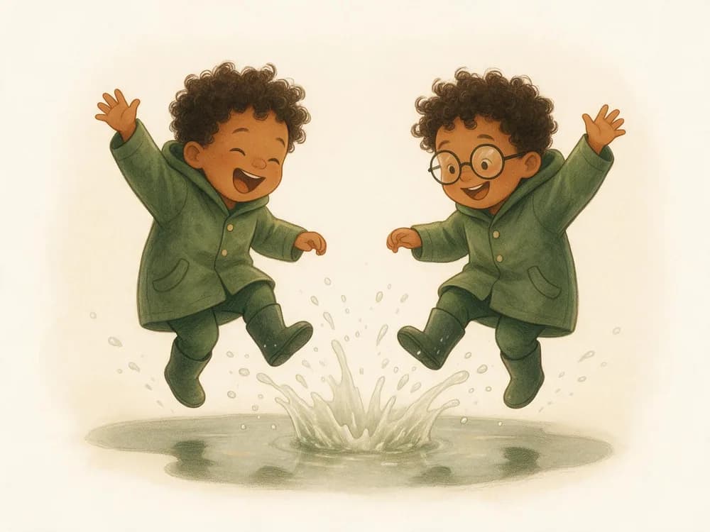 Twin boys in green raincoats jump into a puddle; one wears glasses.