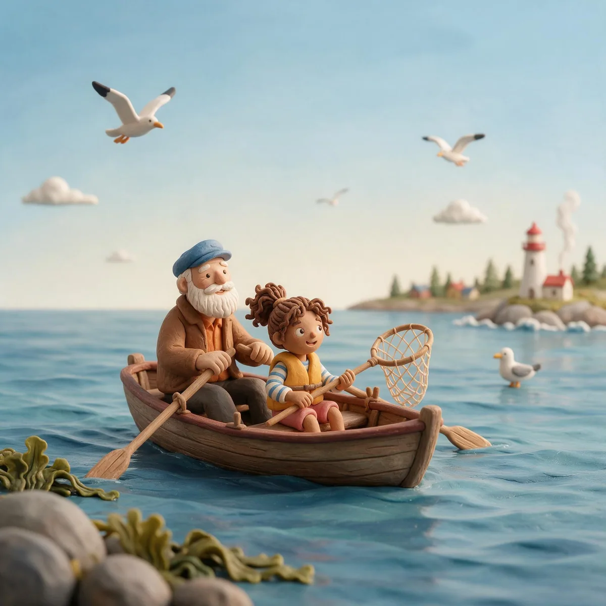 A clay-style page: a grandfather rows a small boat with his granddaughter, a lighthouse far away.