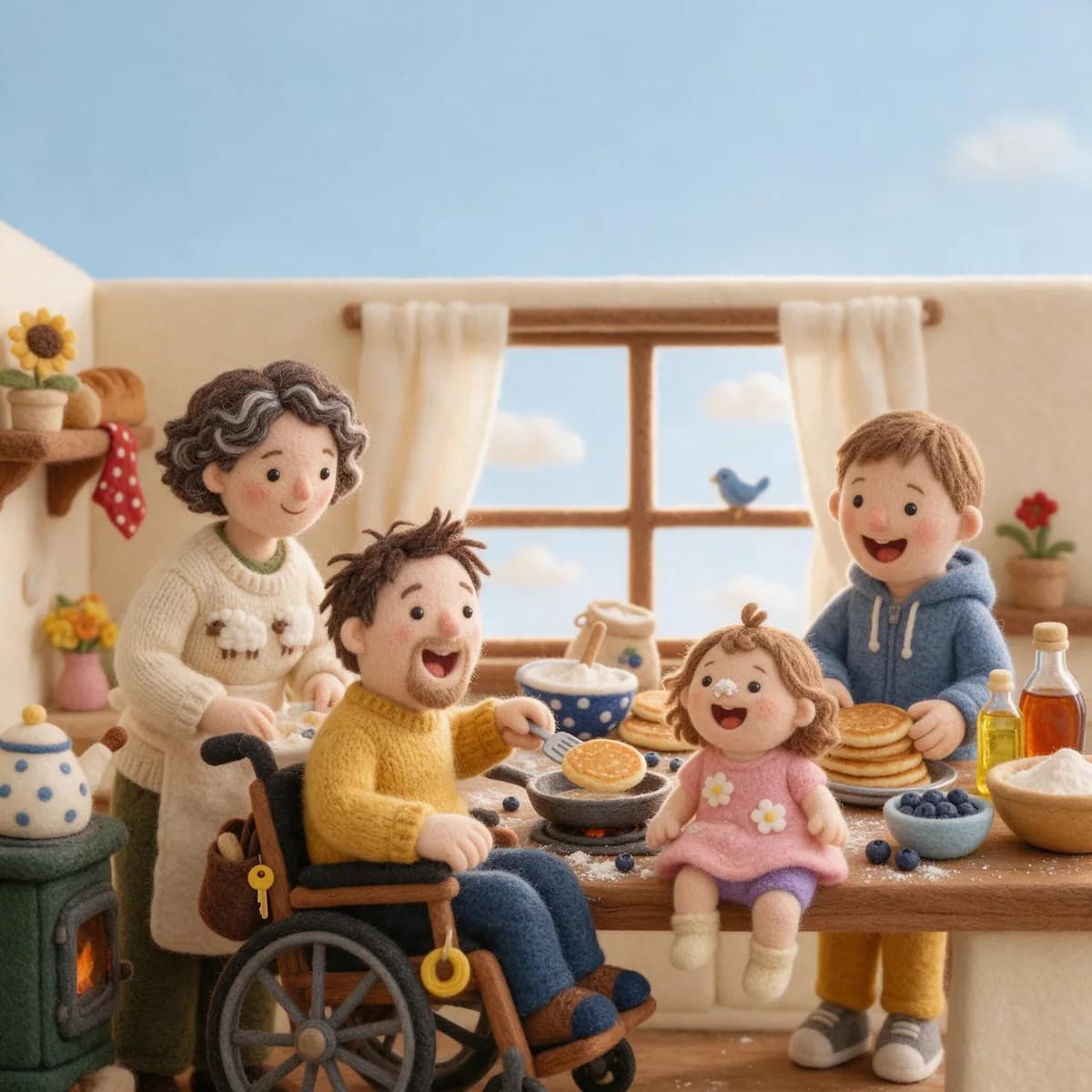 Felt: a family makes pancakes; the dad flips one from his wheelchair.