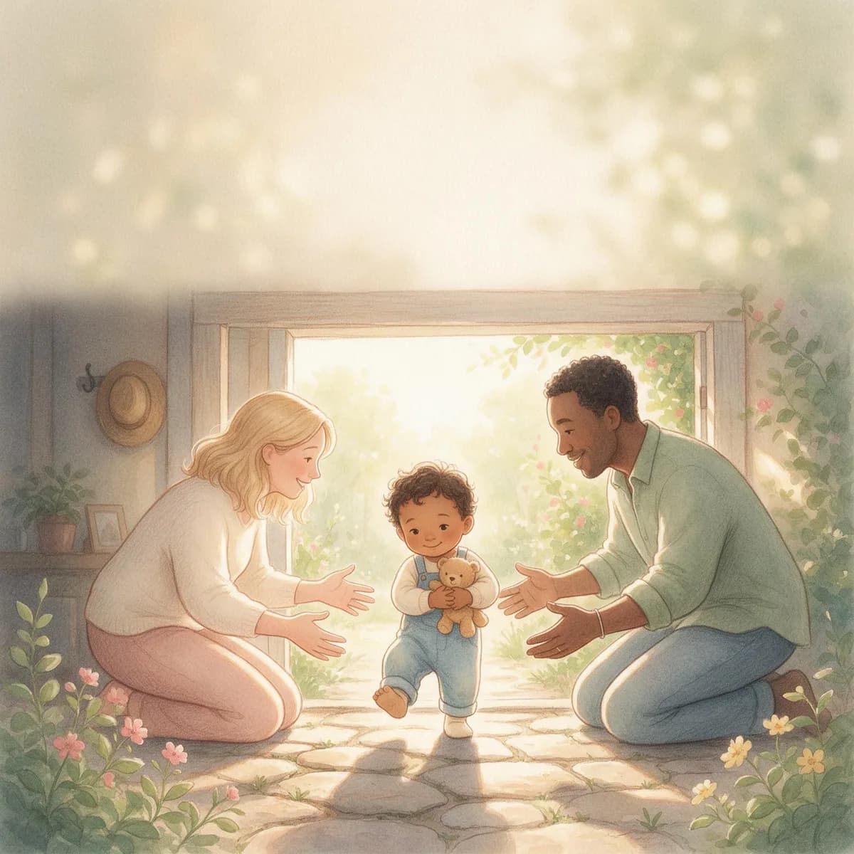 Two parents kneel in a sunlit doorway as a small boy holding a teddy bear takes a step toward them.