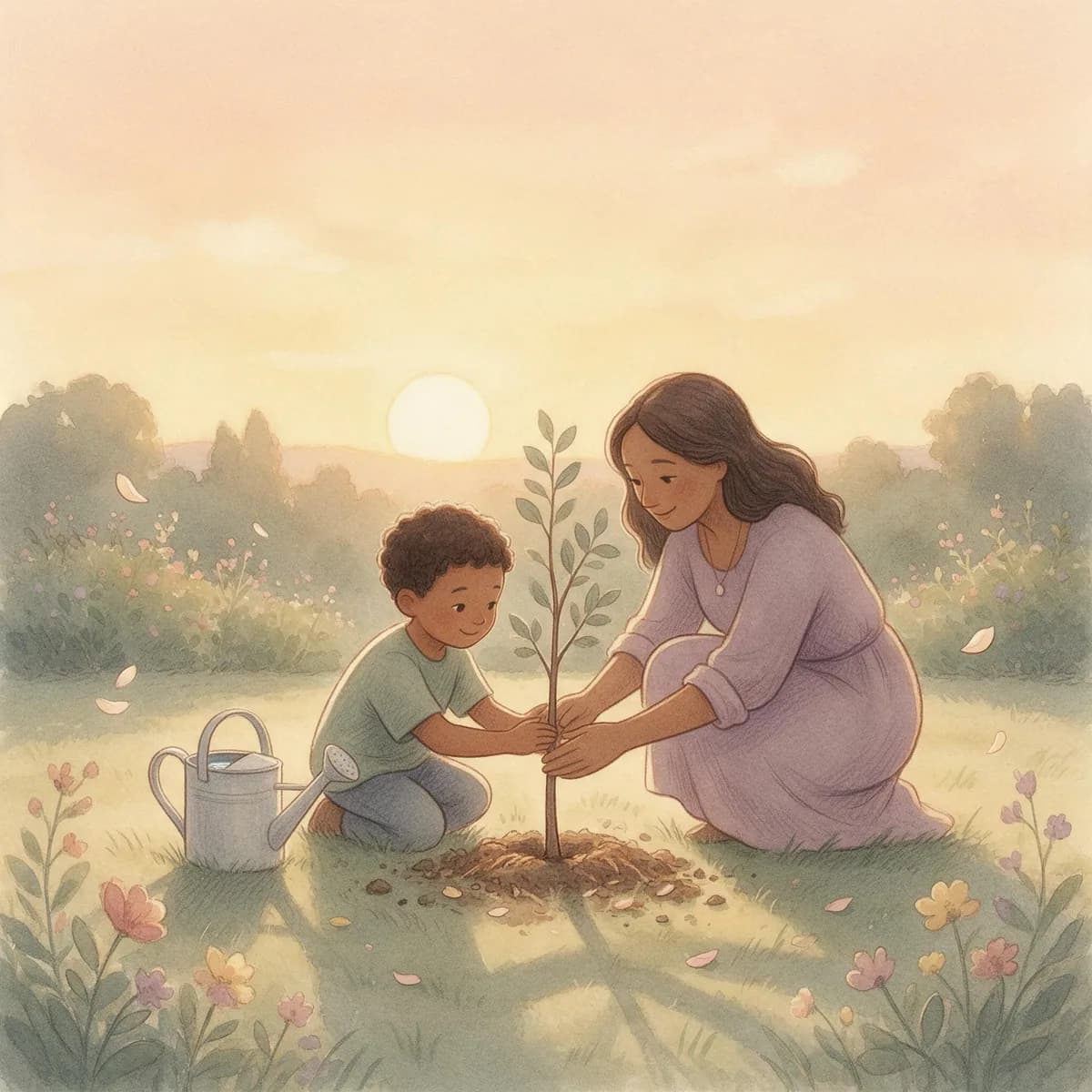 A boy and his mother plant a small tree together at sunset.
