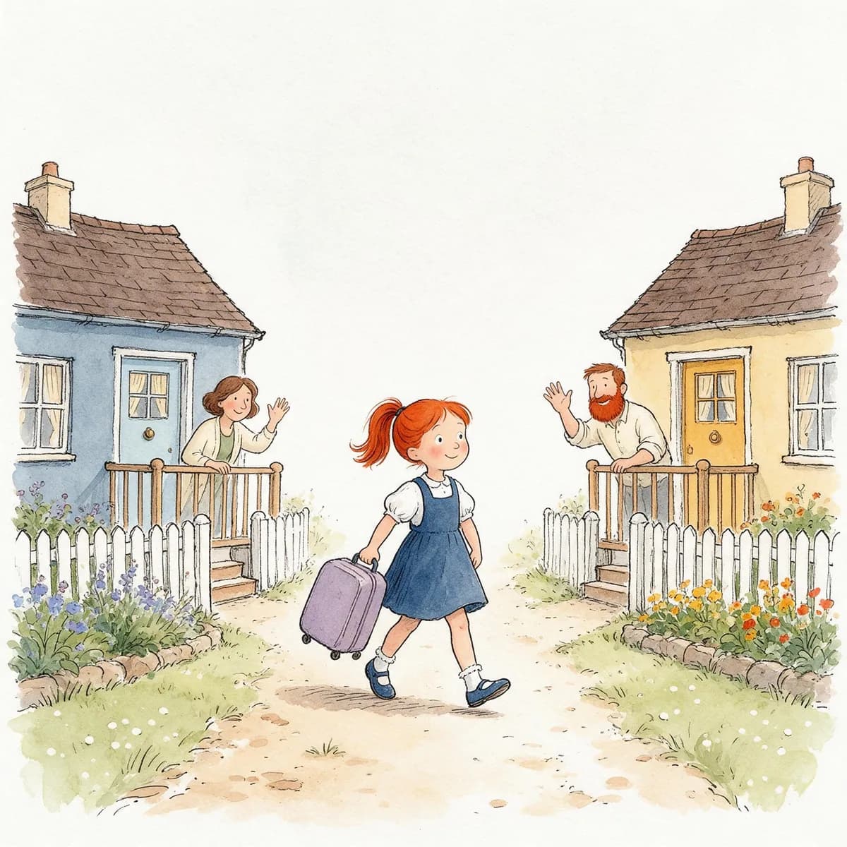 A girl with a small suitcase walks between two houses on one street, a parent waving from each porch.