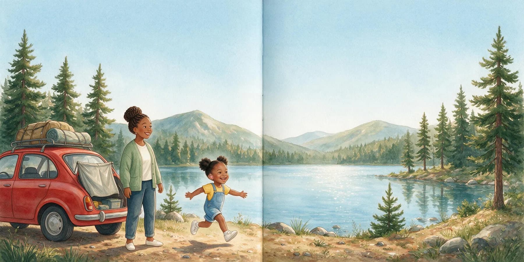The little red car parked at the edge of a shining mountain lake among tall pine trees. Amara runs toward the water with arms wide. Mom stands by the car, smiling at the lake like an old friend.