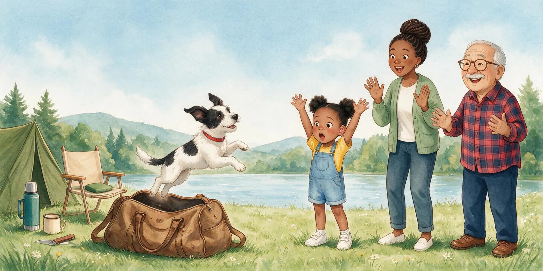 A campsite by the lake. The brown duffel bag lies wide open on the grass and Pepper leaps out of it in mid-air, ears flying. Mom, Grandpa Luis and Amara throw up their arms in surprise.
