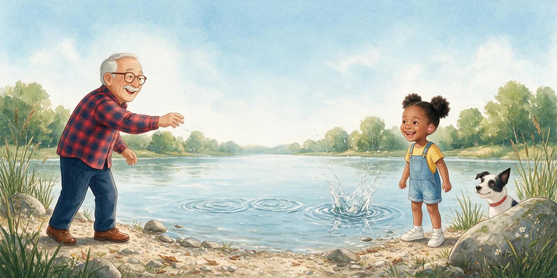 At the edge of the calm lake, a line of small ripple rings skips far across the water from Grandpa Luis's throw. Right beside Amara, a big splash rises where Amara's stone went plunk. Pepper watches from behind a boulder at the shore, his whole head showing.