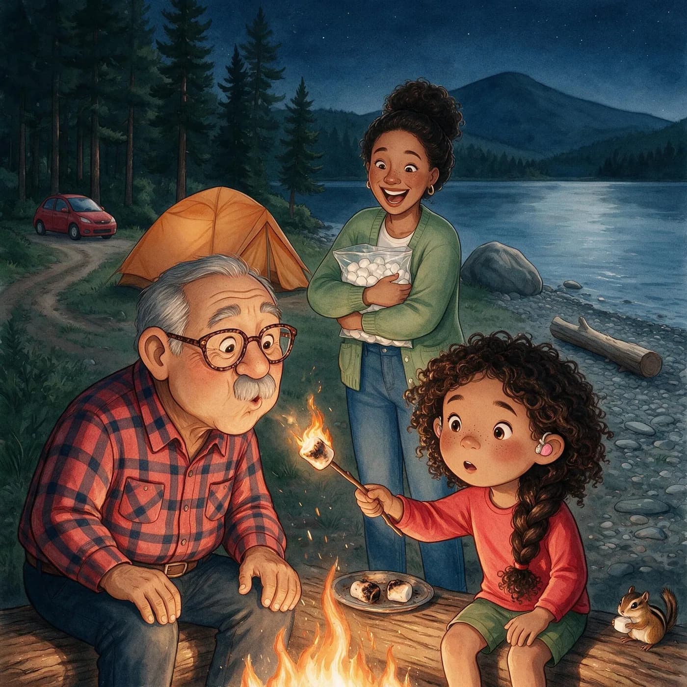 Amara and Grandpa Luis toast marshmallows by the campfire at night while Mom watches, and a chipmunk waits on the log.
