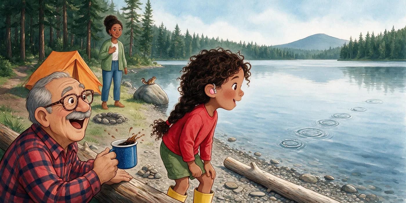 Amara watches her stone skip across the lake while Grandpa Luis cheers with his mug and Mom looks on.