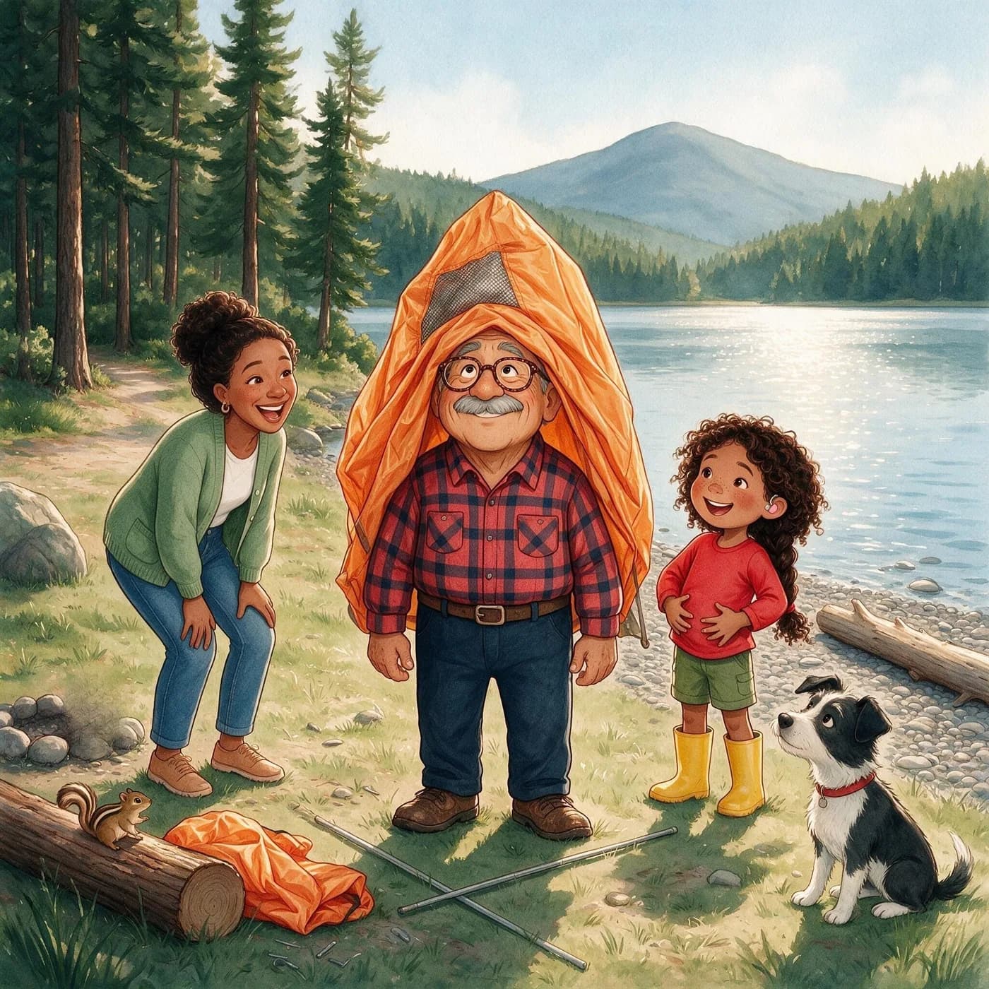 Grandpa Luis is caught under the falling tent while Amara, Mom and Pepper laugh.