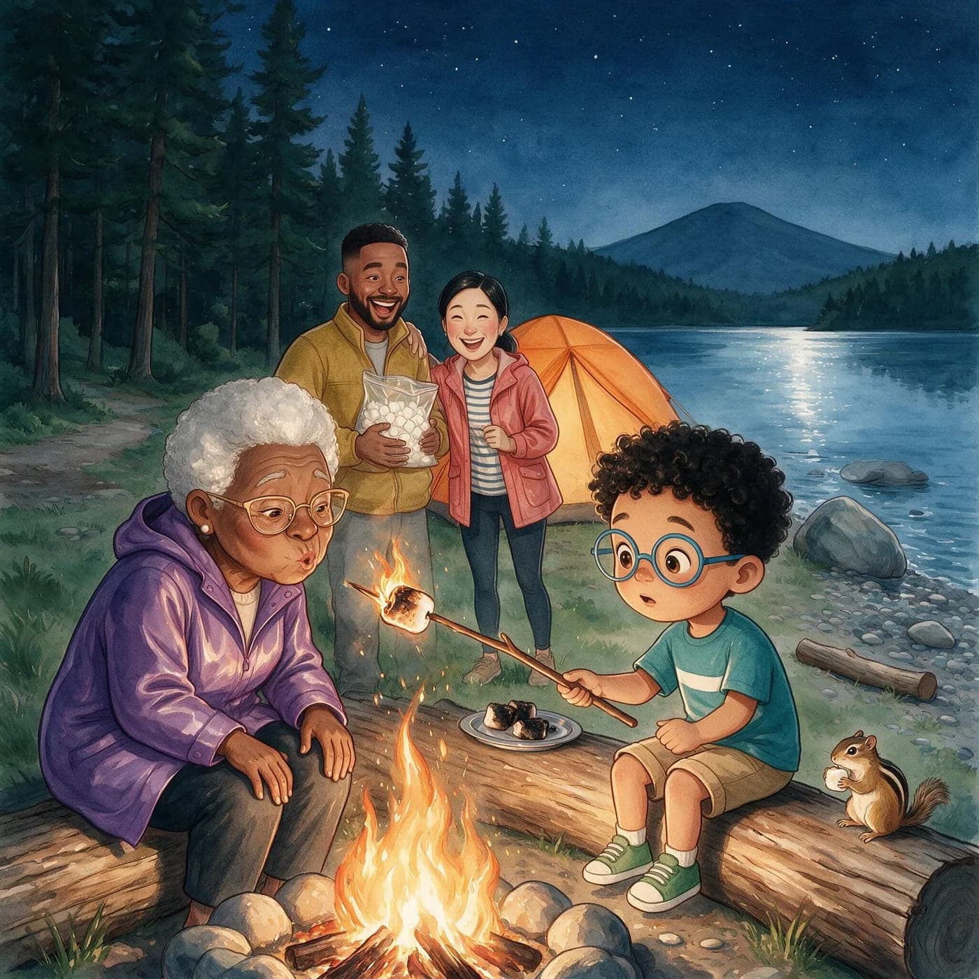 Kai and Nana toast marshmallows by the campfire at night while Dad and Mom watch, and a chipmunk waits on the log.