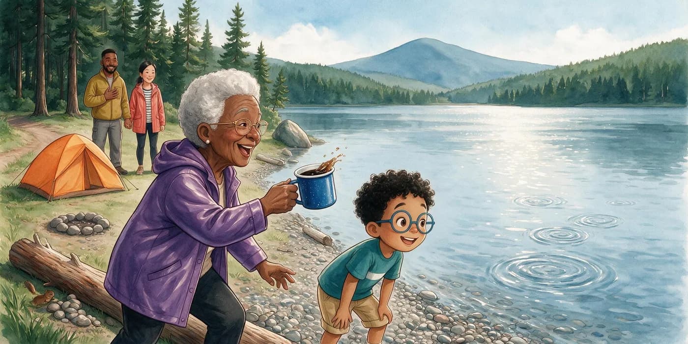 Kai watches his stone skip across the lake while Nana cheers with her mug and Dad and Mom look on.