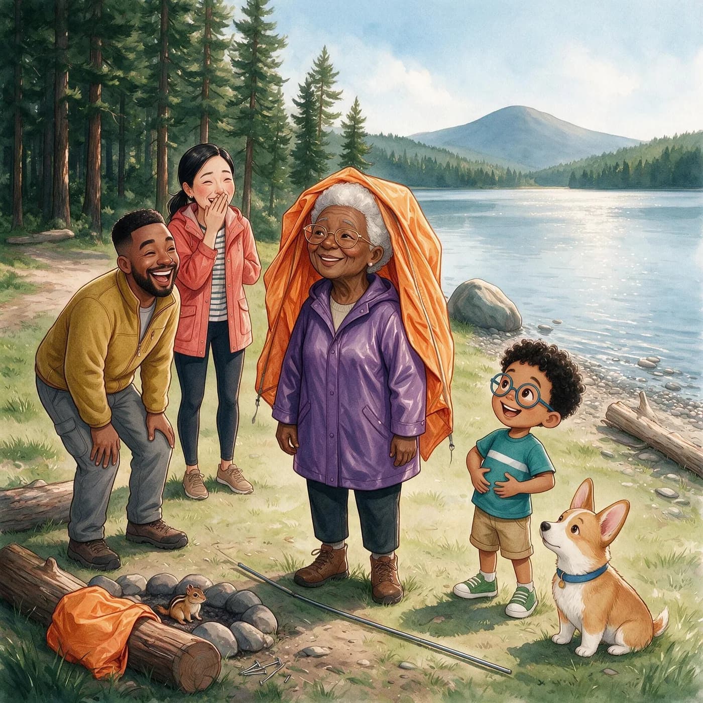 Nana is caught under the falling tent while Kai, Dad, Mom and Biscuit laugh.