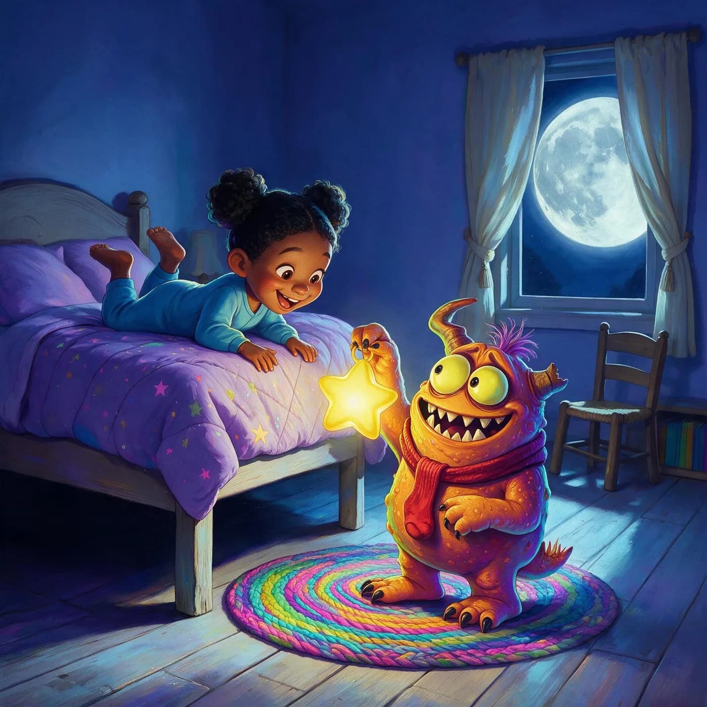 Nia leans over her bed toward Lumpkin, a small orange monster holding a glowing star.