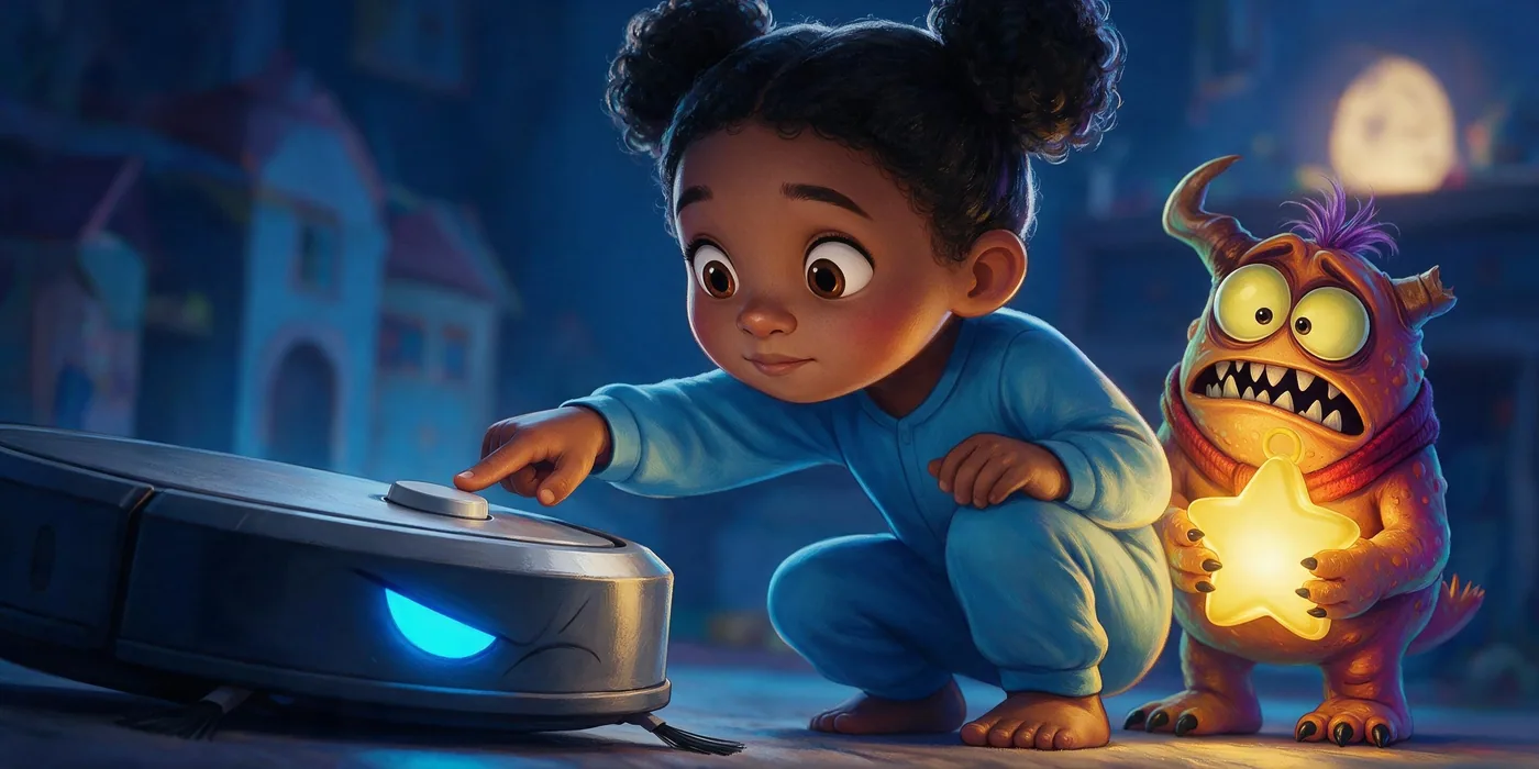 Nia presses the button on top of the Grumbler while Lumpkin hides behind her.
