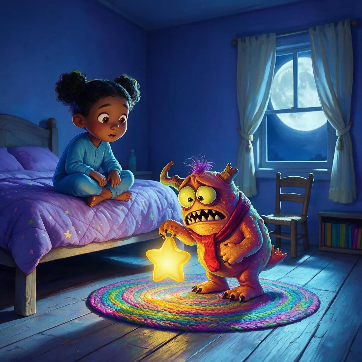 Nia sits on her bed while Lumpkin stands on the rug, scared, holding his star lamp.