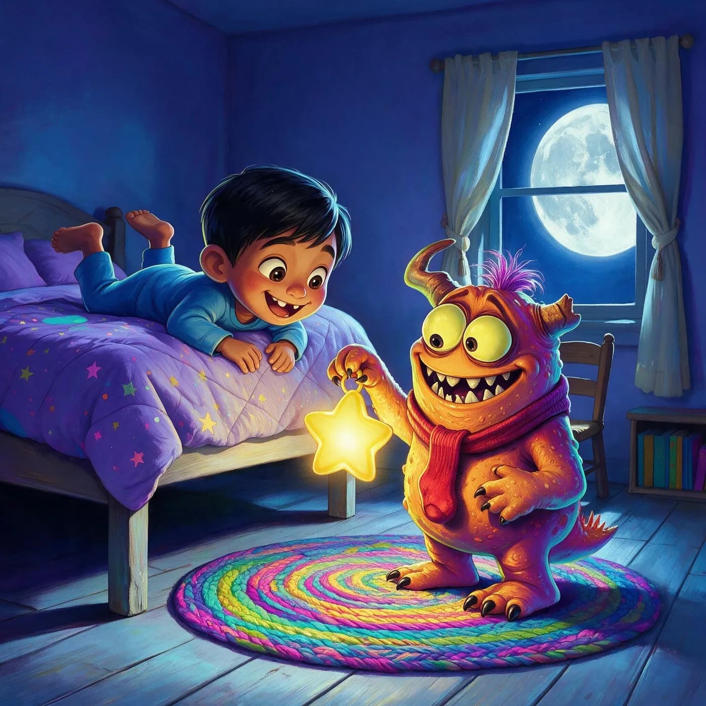 Ravi leans over his bed toward Lumpkin, a small orange monster holding a glowing star.