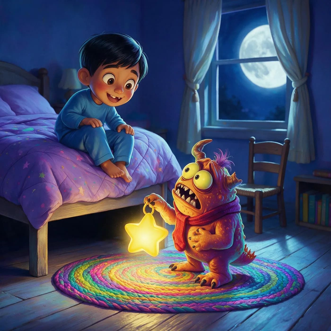Ravi sits on his bed while Lumpkin stands on the rug, scared, holding his star lamp.